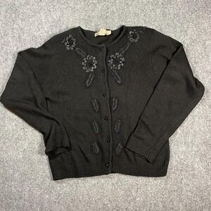 Echo Cardigan Sweater Womens Small Black Beaded Ribbon Applique Vintage Shoulder